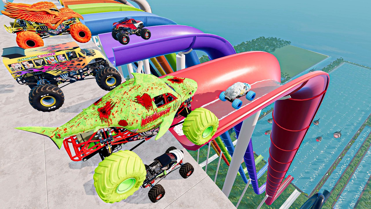 Monster Trucks Ride Down a Water Slides! Monster Jam Water Park Insane Stunts Crashes and Saves