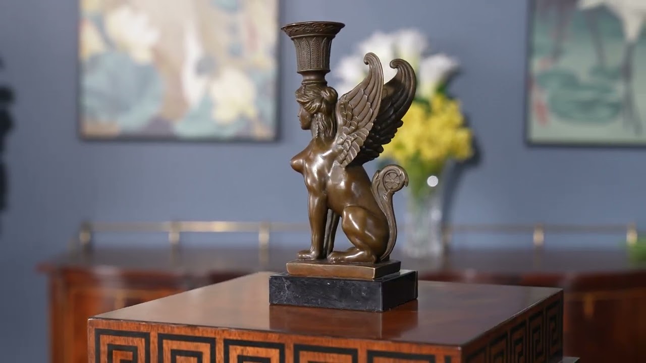 Bronze Sphinx Candle Holder on Marble Base, high quality bronze