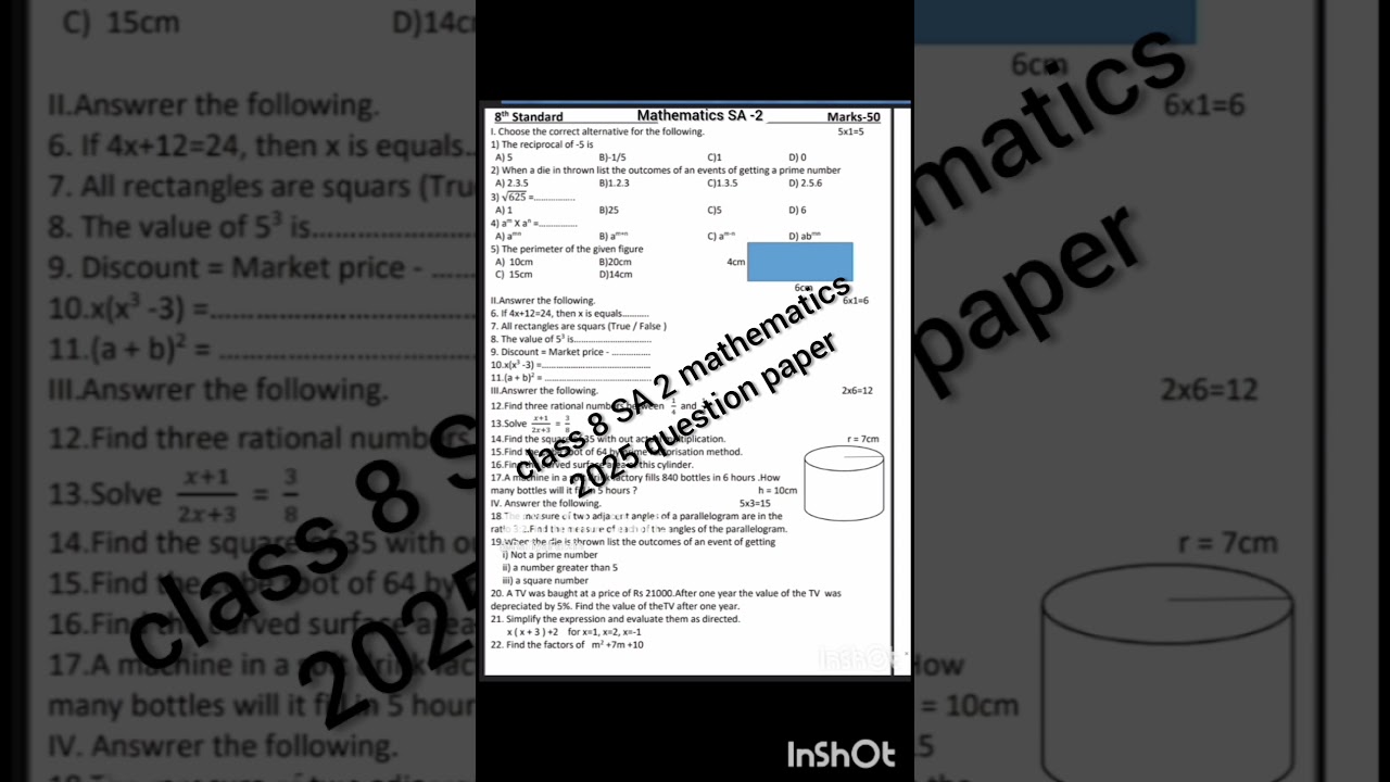 Class 8 SA 2 MATHEMATICS ENGLISH MEDIUM QUESTION paper 2025# Karnataka board