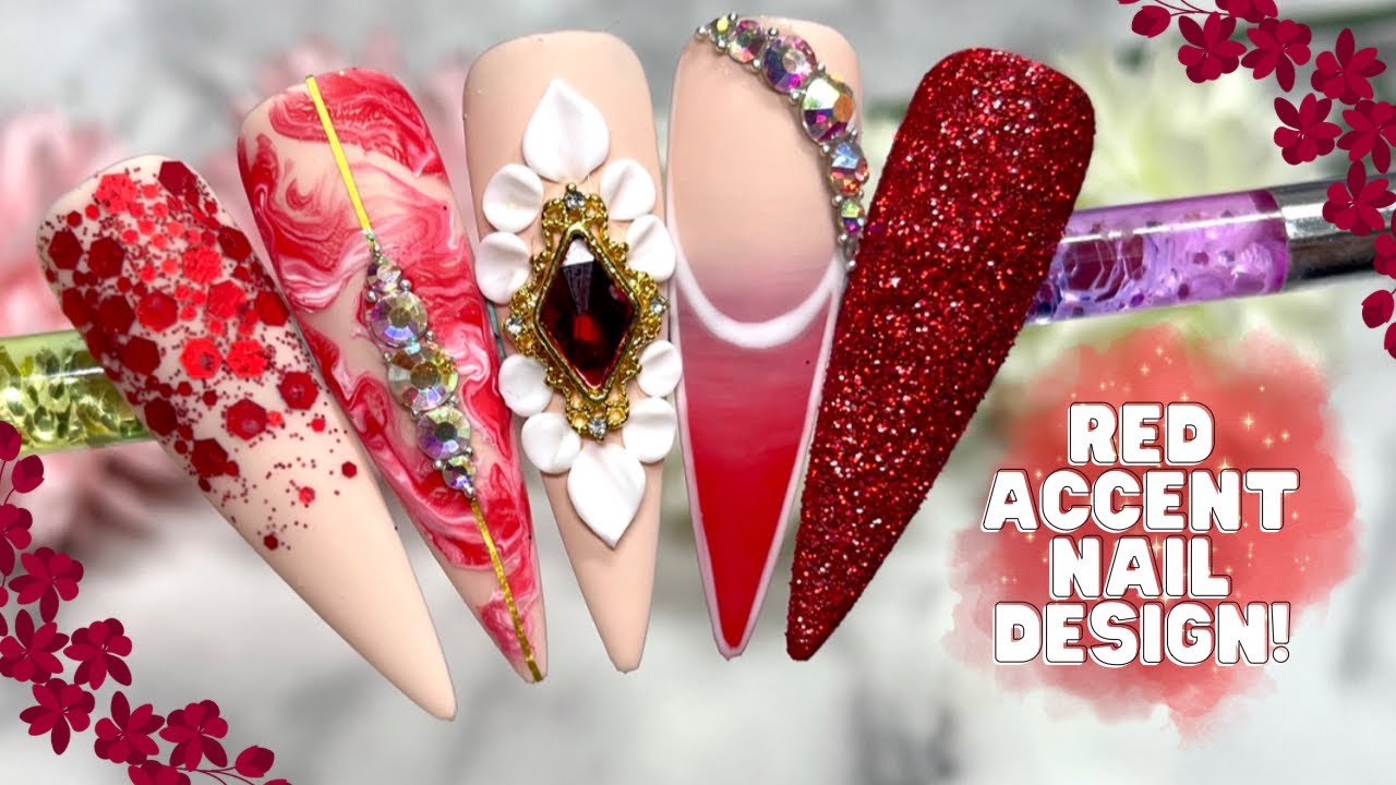 RED ACCENT NAIL ART DESIGN USING 4D CARVING GEL MARBLE NAILS MADAM