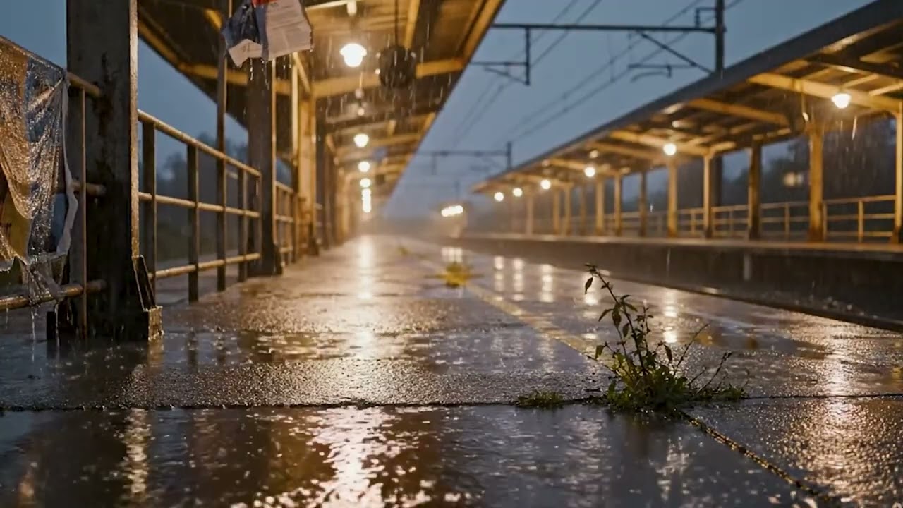 Realtime Heavy Rain at Empty Railway Station - 10 Hour Video Loop - Ultra HD - Relaxing Rain Sounds