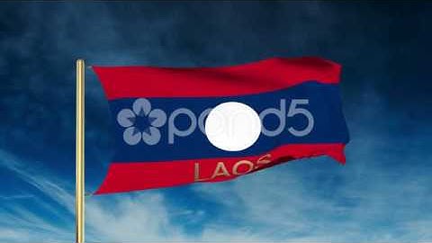 Laos Flag Slider Style With Title. Waving In The Wind With Cloud Background