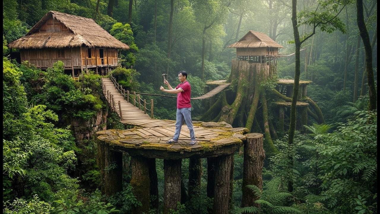 Survival Build: Jungle Treehouse Village Connected by Rope Bridges