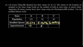 Math 1030, Exam 3 - Question 15 (Huntington-Hill Method)