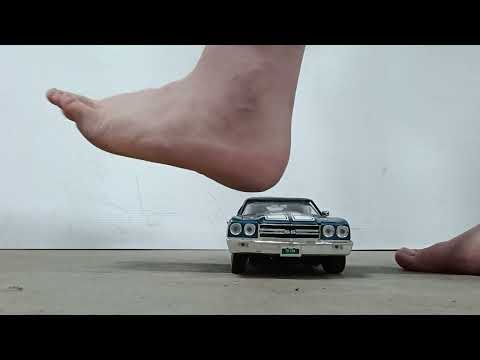 Classic car crushed and ripped apart barefoot diecast smash