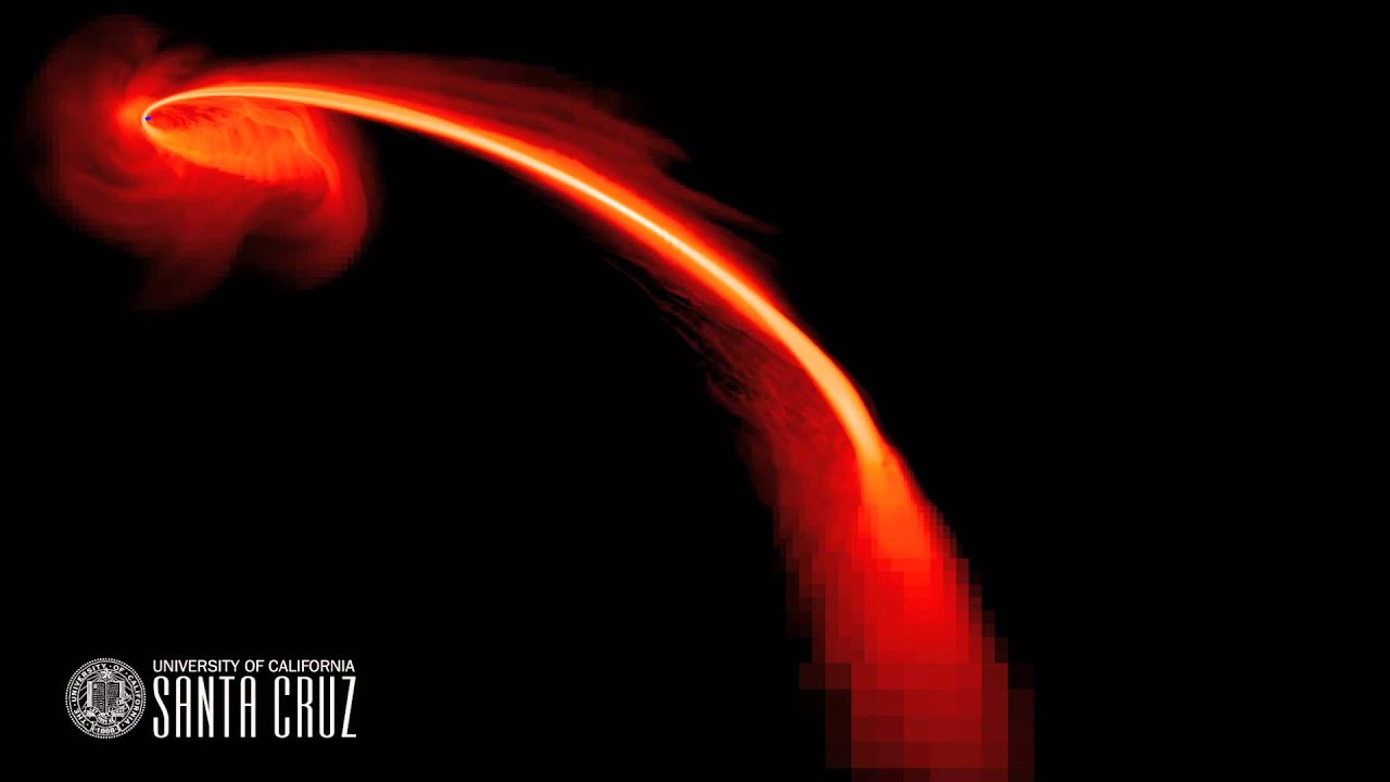 Numerical simulation of tidal disruption by a massive black hole. The black hole is on the right top corner, on the figure are shown unbounde debris and self-crossing stream.