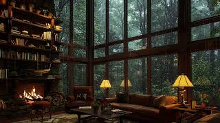 Wooden Room with Mountain Valley view  Rain on window, crackling fireplace for Sleeping, Relaxing
