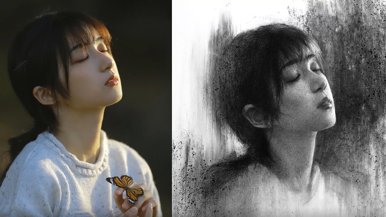 Рисование портрета девушки угольным карандашом