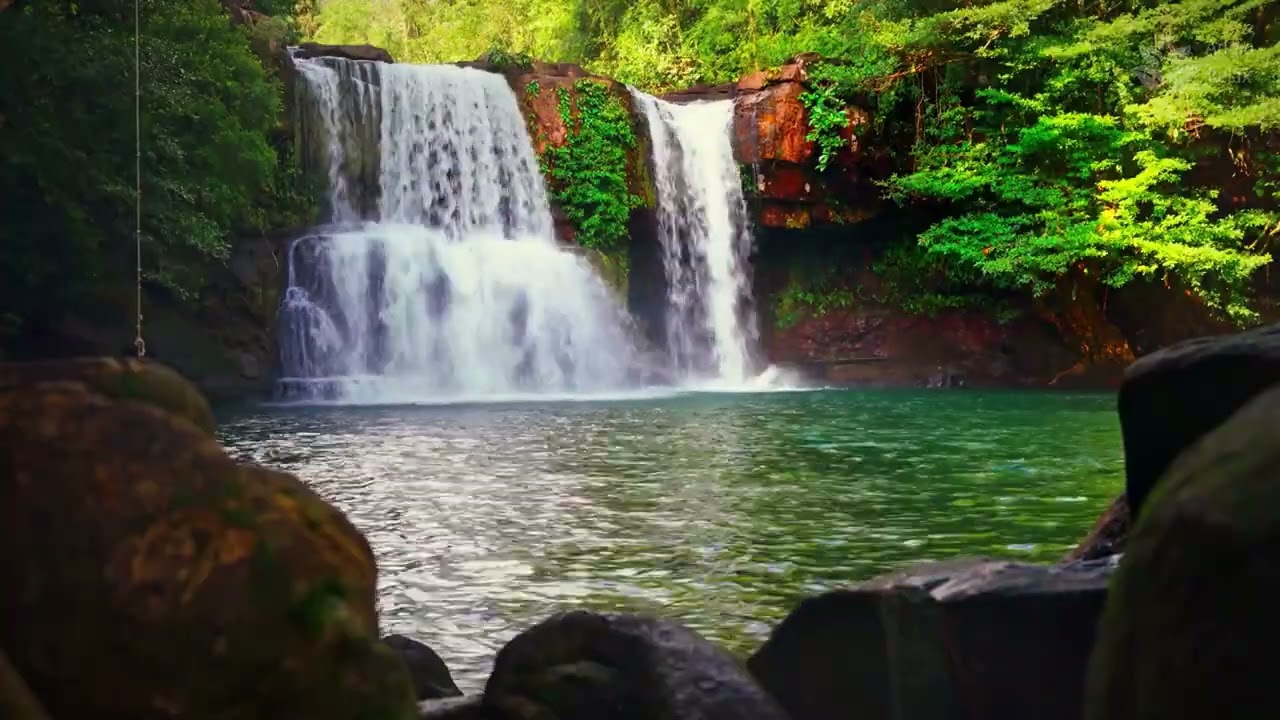 Расслабляющий звук райского водопада и бирюзового озера в тропическом лесу 🌿