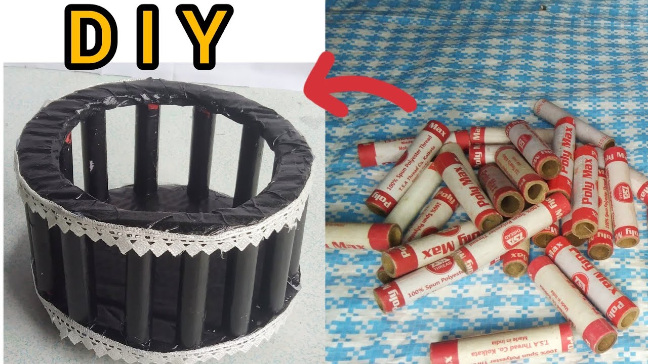 waste material craft // thread spools craft ideas// diy basket making