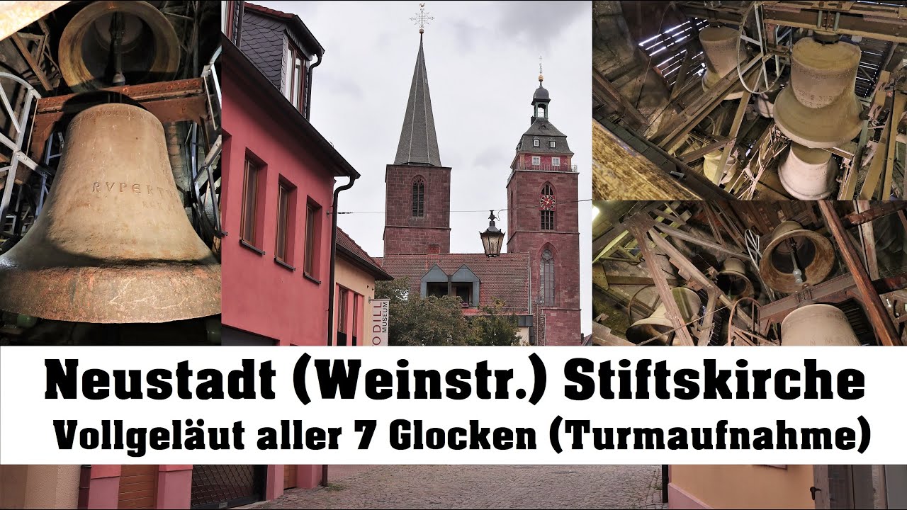NEUSTADT an der Weinstraße (D), Stiftskirche, Vollgeläut aller Glocken (Turmaufnahme)