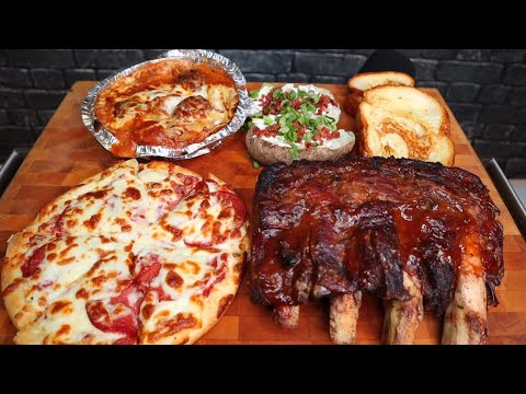 (ASMR NO TALKING) GIANT BEEF RIBS, PEPPERONI & CHEESE PIZZA, LASAGNA & MEATBALLS, AND BAKED POTATO