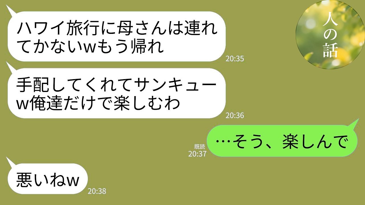 【LINE】私が計画したハワイ旅行なのに私だけ空港に置き去りにして旅行に行く息子夫婦「義両親と行ってくるわw」→速攻で宿泊先と帰りの便をキャンセルしてやった結果ｗww