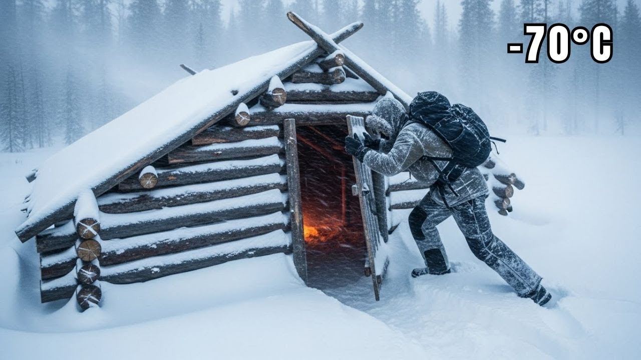 Escaped a Blizzard into a Primitive Log Shelter | Solo Overnight in the Winter Forest