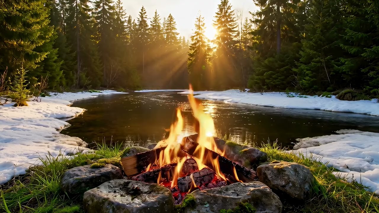 Crackling Campfire by a River — Spring Forest Awakening (ASMR)