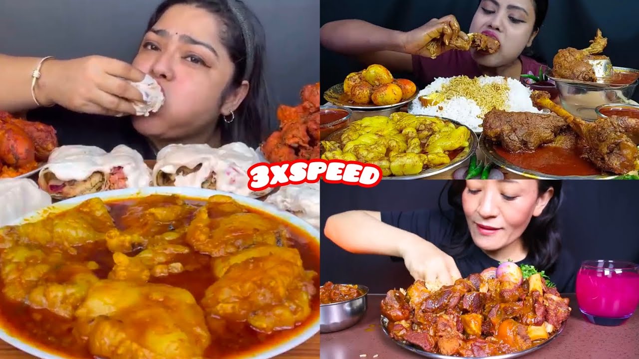 Asmr :Eating Spicy🔥Fatty Mutton Curry Chicken Curry Egg Chicken Shawarma Rice Mukbang