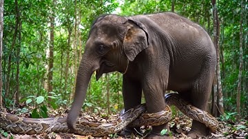 Giant python is wrapping itself around an elephant in African .Video Ai