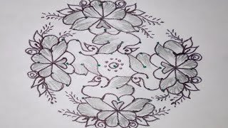 11×1 dots lotus poo with duck kolam / simple flower rangoli | straight pulli vacha kolam
