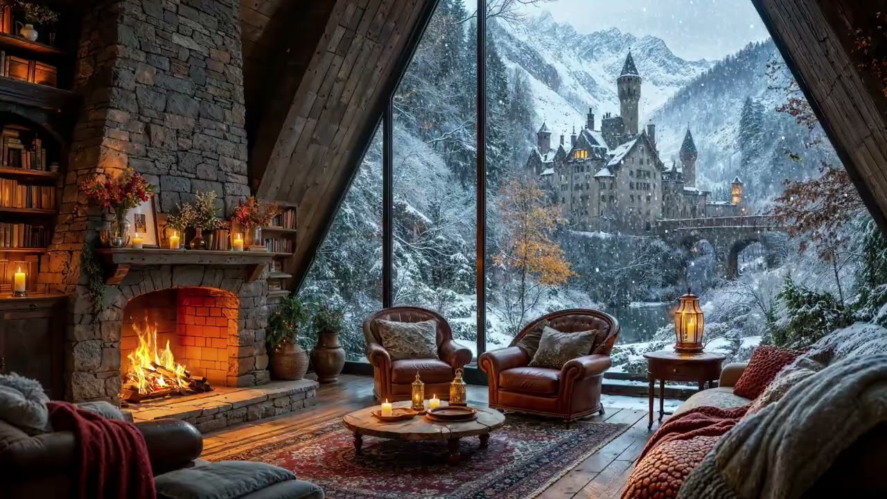 Warm Winter Day in a Forest Cabin ❄️|  Falling Snow & Cozy Fireplace Ambience for Sleep