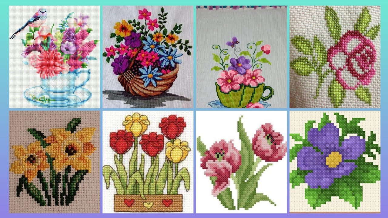 Вышивка крестом с цветочным узором. Ручная вышивка на плотной хлопковой ткани / Красивая ручная в...