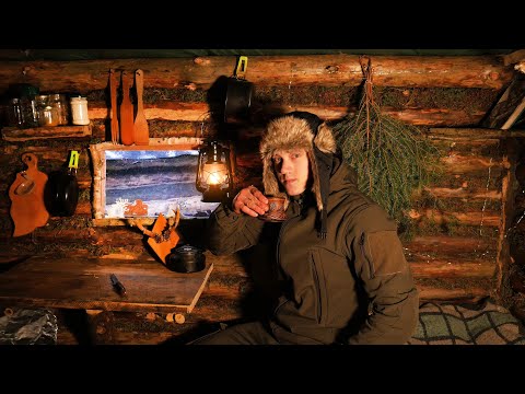 Winter Life in a Off Grid log Cabin in the Wilderness, Ice Storm, A Cozy Homemade Meal | Tiny Home