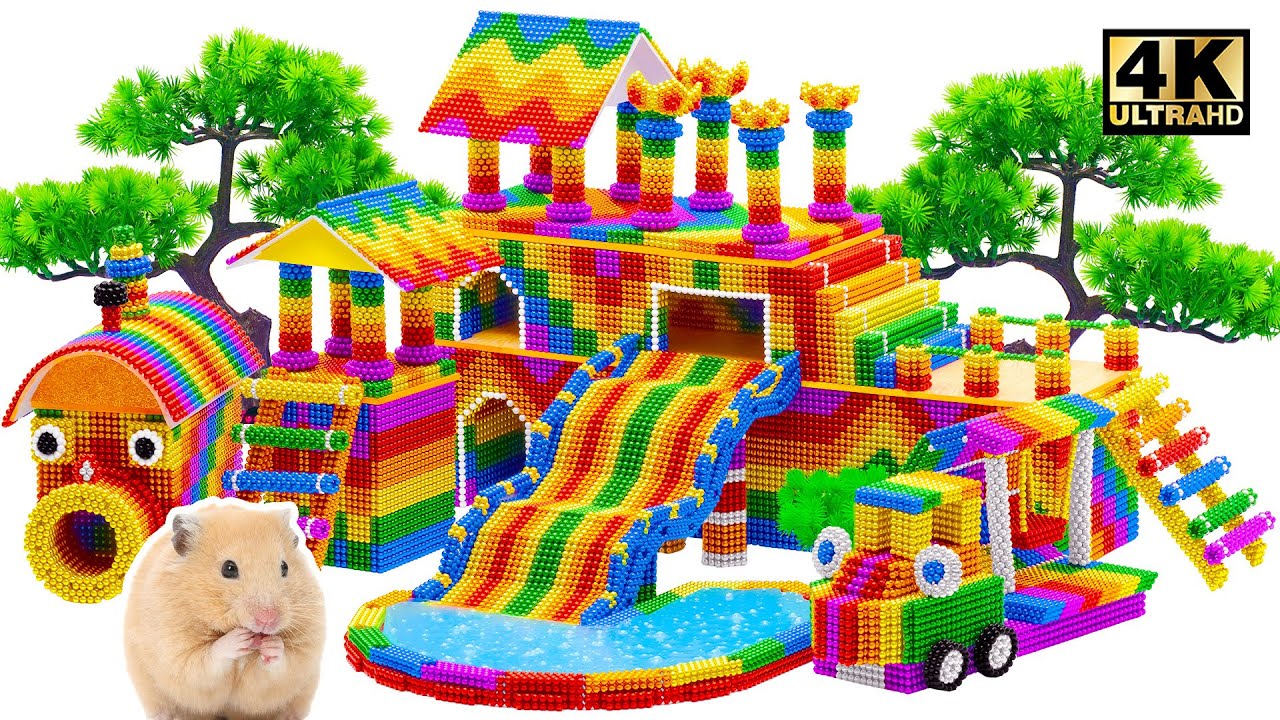 Build Rainbow Playground with Train, Swing Cars and Slime Pool From Magnetic Balls | ASMR Video