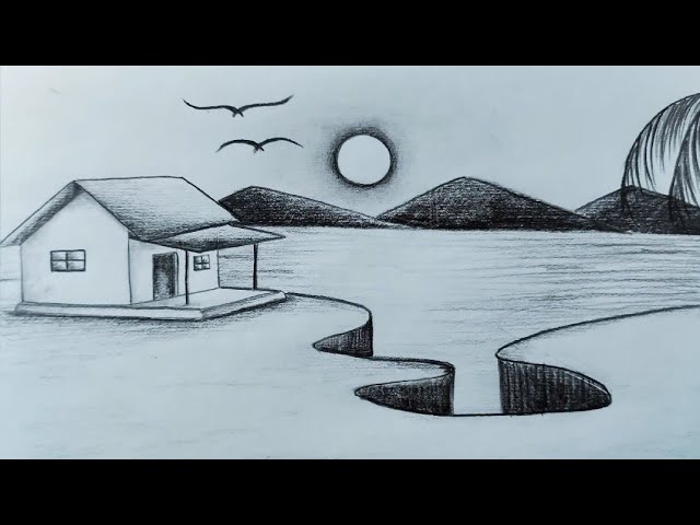 how to draw easy pencil sketch scenery,landscape pahar and river side scenery  drawing, | Drawing scenery, Nature art drawings, Landscape drawings