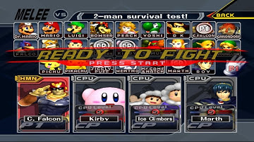C Falcon VS Kirby VS Ice Climbers VS Marth | 2 Lifes | Super Smash Bros Melee Fight 128