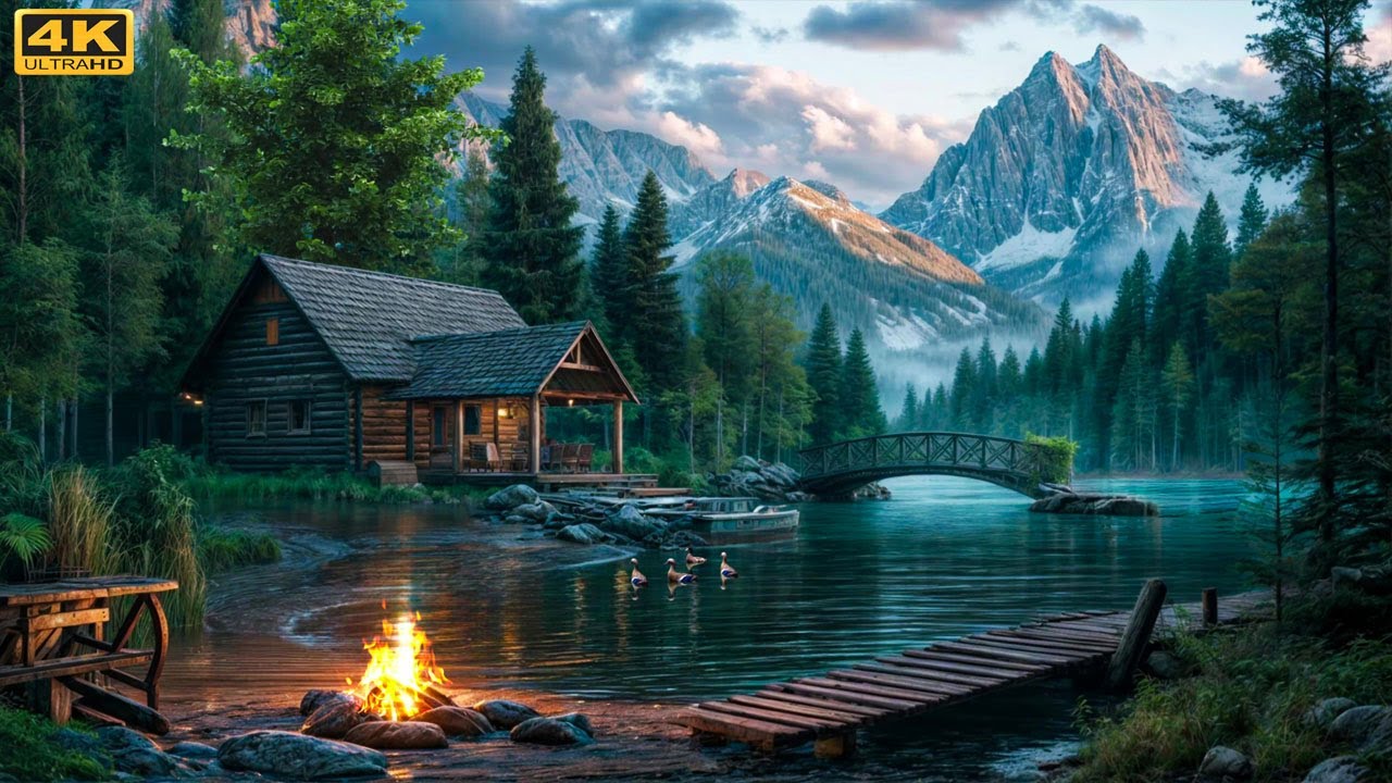 Serene Mountain Lake Cabin Retreat 🔥🌲 | Campfire Ambience & Calming Nature Sounds