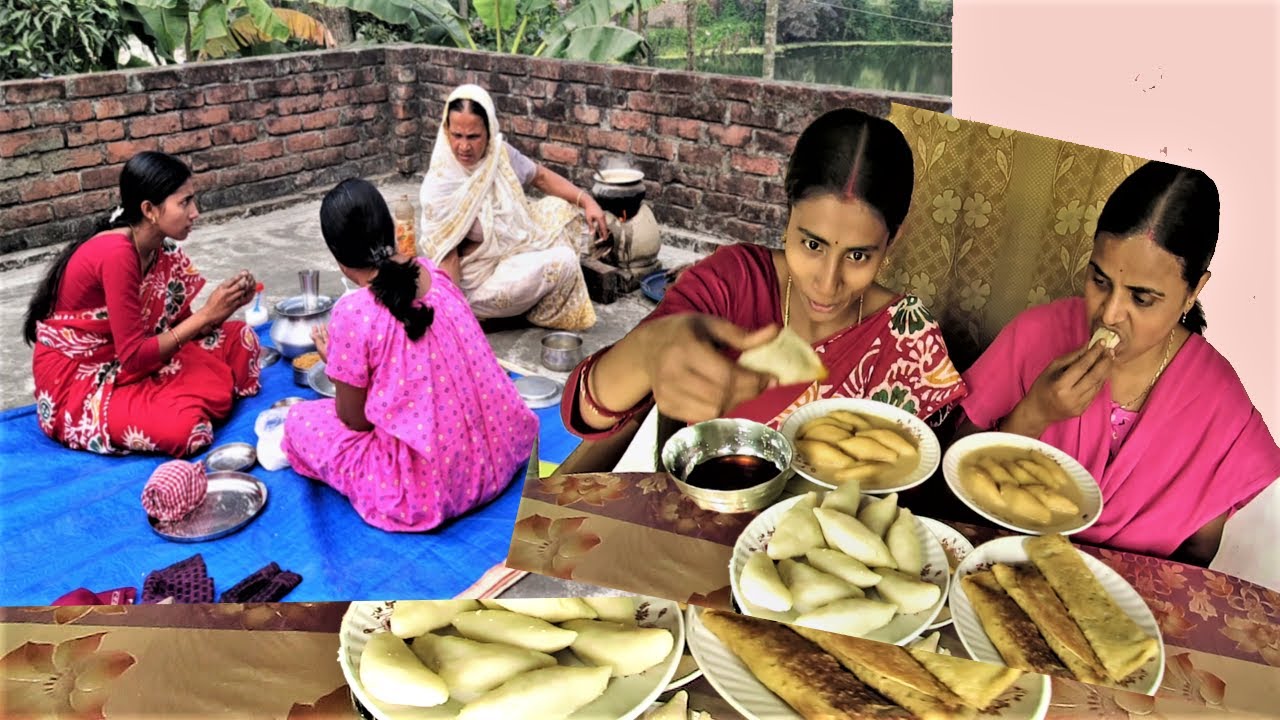 pithe puli patishapta eating show | village style rice cake cooking ...