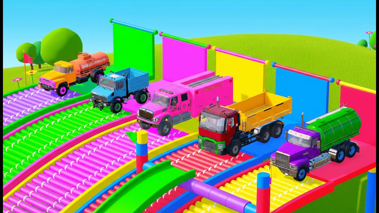 TRANSPORTING CARS, AMBULANCE, POLICE CARS, FIRE TRUCK, MONSTER TRUCK OF COLORS! WITH TRUCKS! - FS 22