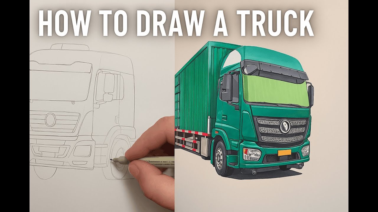 From Sketch to Truck Realistic Green Container Truck Drawing  Art on Wheel