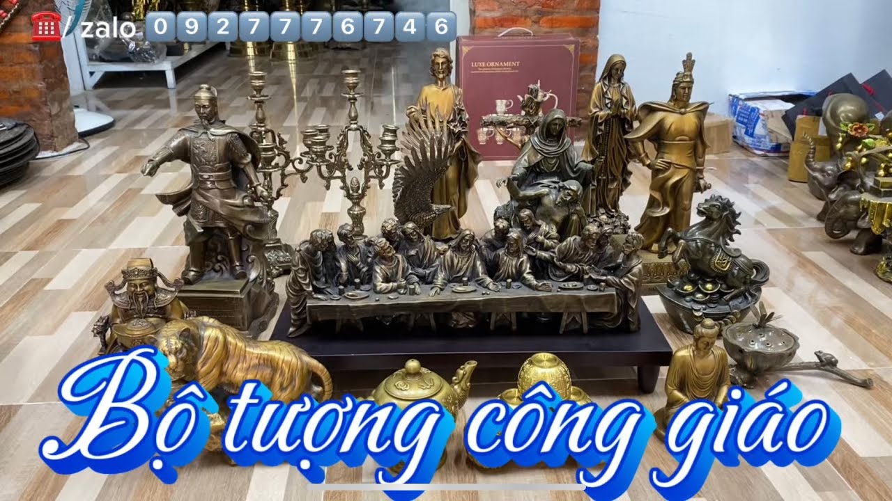 Bộ tượng công giáo _ bộ trà rồng _ cặp chân đèn 5 ngọn. Clip 17/1/2026 