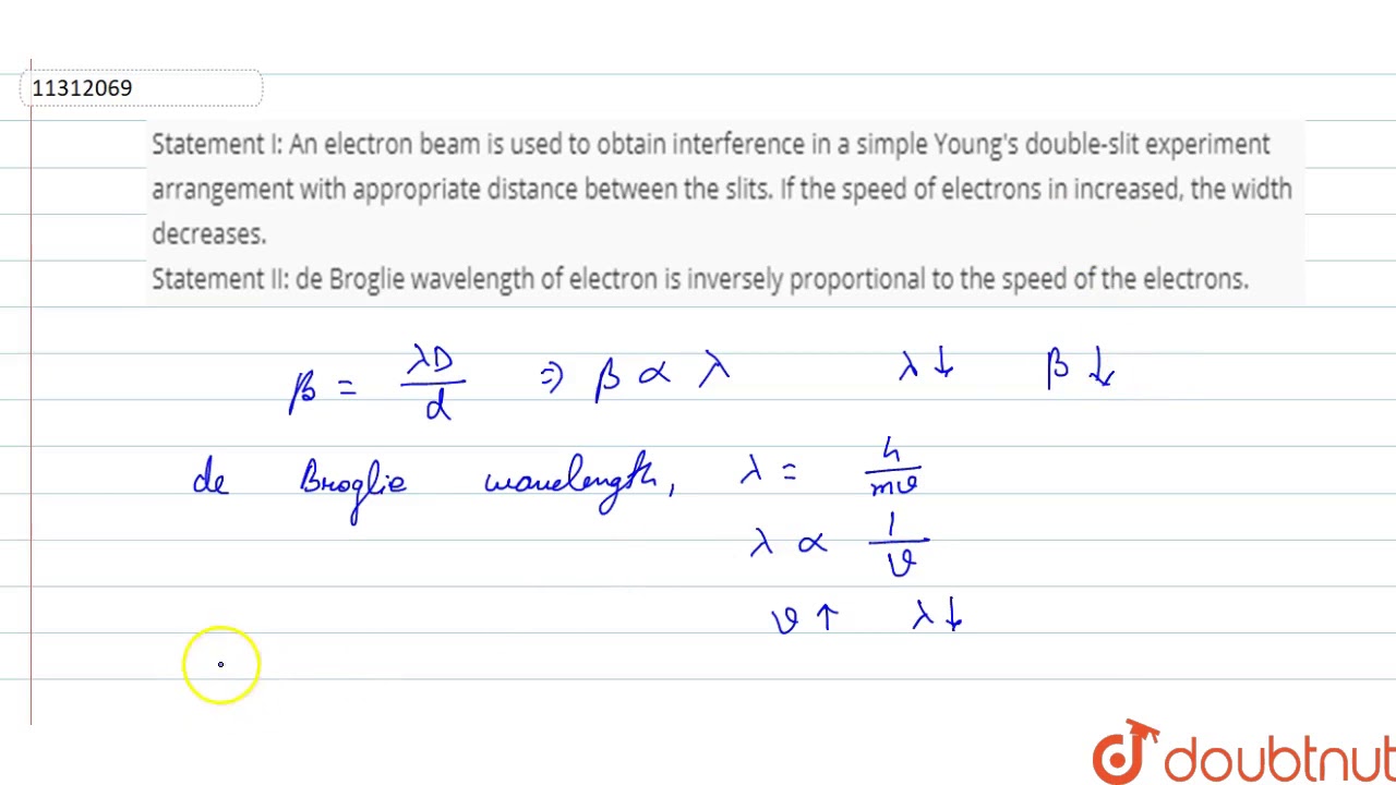 Statement I An Electron Beam Is Used To Obtain Interference In A Simple Young S Double Slit Ex Youtube