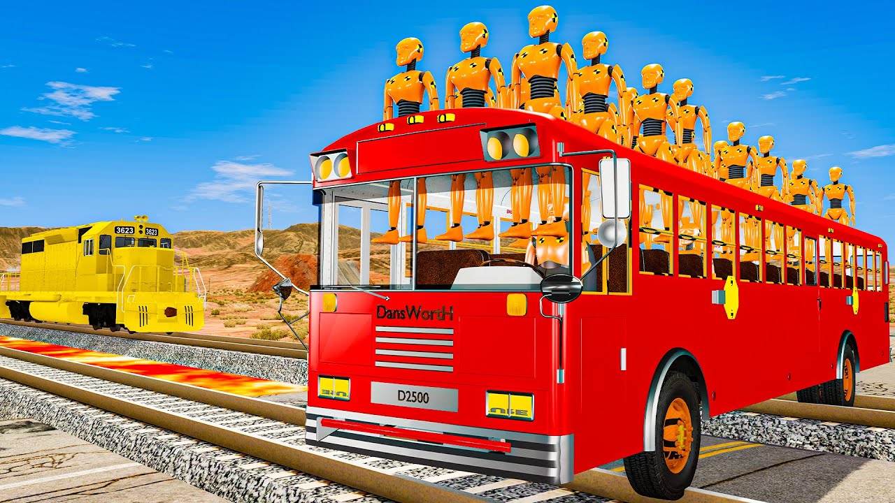 Bus Full Crash Test Dummies vs Train 😱 Extreme Railroad Crash | BeamNG Drive