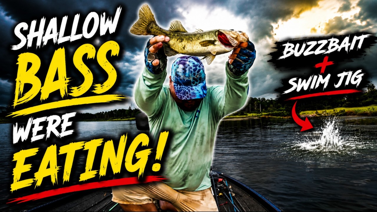 Sam Rayburn Shallow Bass Fishing [ Buzz Bait & Swim Jig Bite Before the Storm!