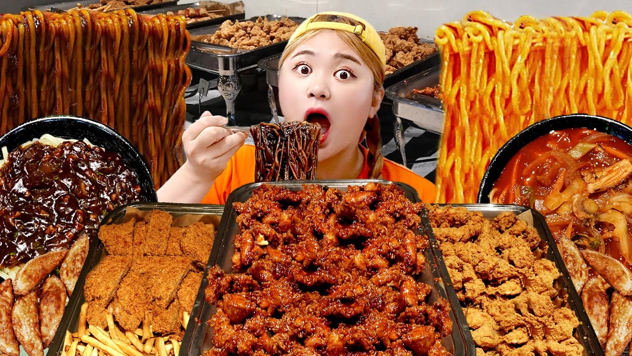 MUKBANG 하이유의 BBQ 치킨 뷔페먹방! 짜파게티 양념치킨 BLACK BEAN NOODLES FRIED CHICKEN EATING SOUND | HIU 하이유