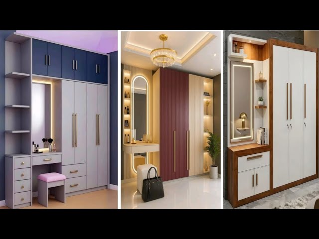 indian wardrobe design with dressing table Indian wardrobe design with patterned sliding doors and integrated study  table