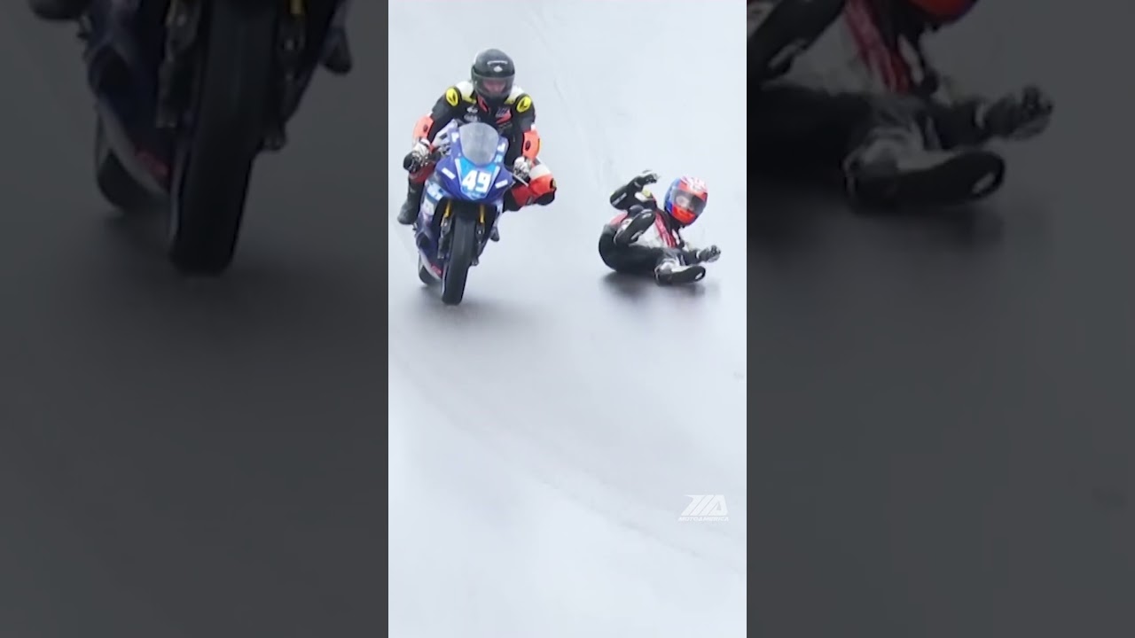 Best save ever? Trevor Standish crashed his motorcycle in the rain and missed Hayden Schultz 