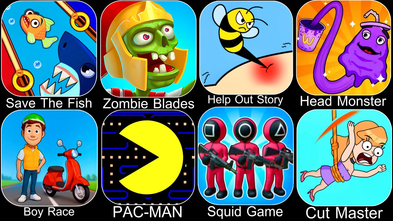 Help Me Tricky Puzzle,Help Me Brain,Head Monster,Paper Race,Squid Game,Save The Fish,PAC-Man
