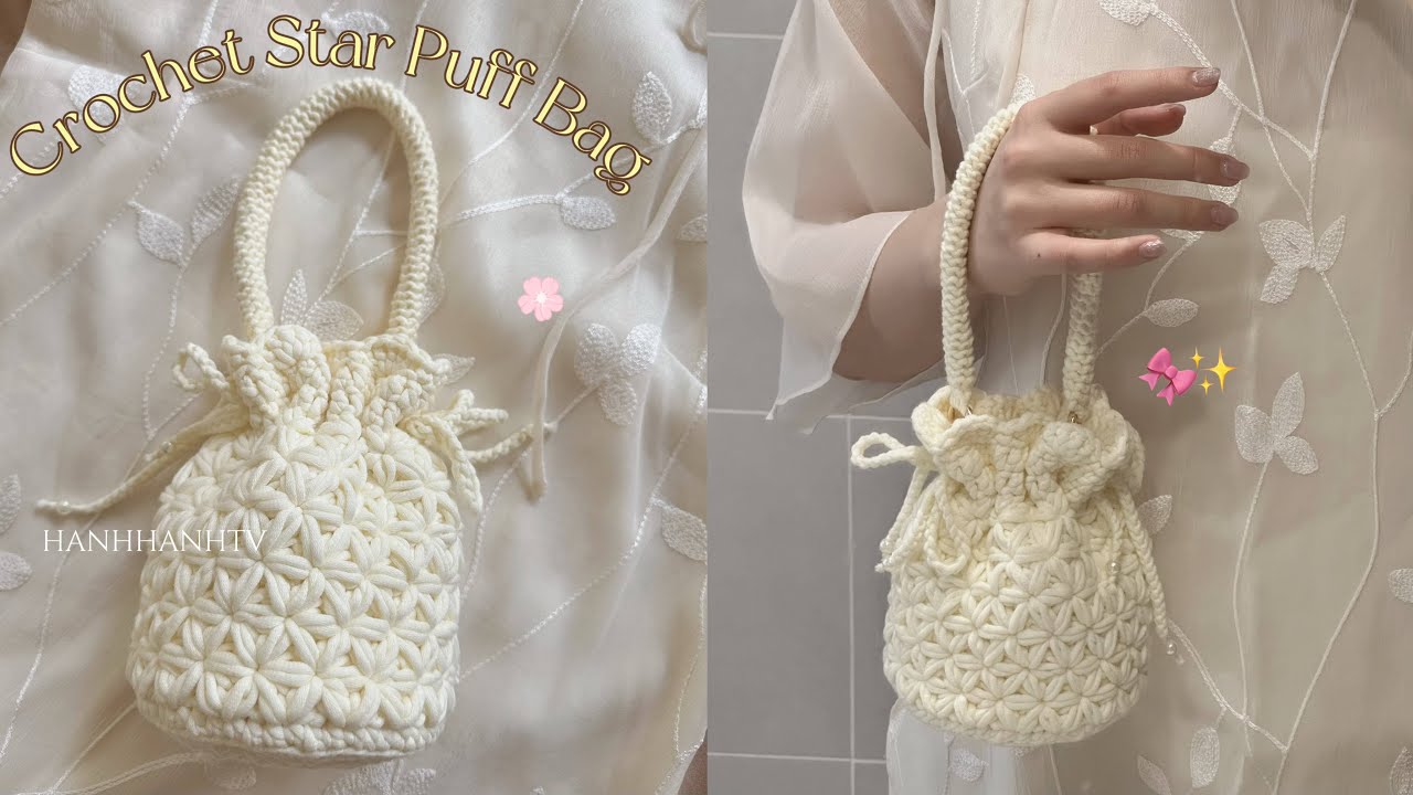 Crochet Bucket Bag ☆･ﾟ✧☁️ Crochet Jasmine Stitch☁️ Móc túi chubby dây rút họa tiết hoa nhài *:･ﾟ✧