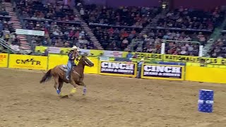 Montana State&#39;s Tayla Moeykens with a 13.91-second run in barrel racing Thursday at the CNFR.