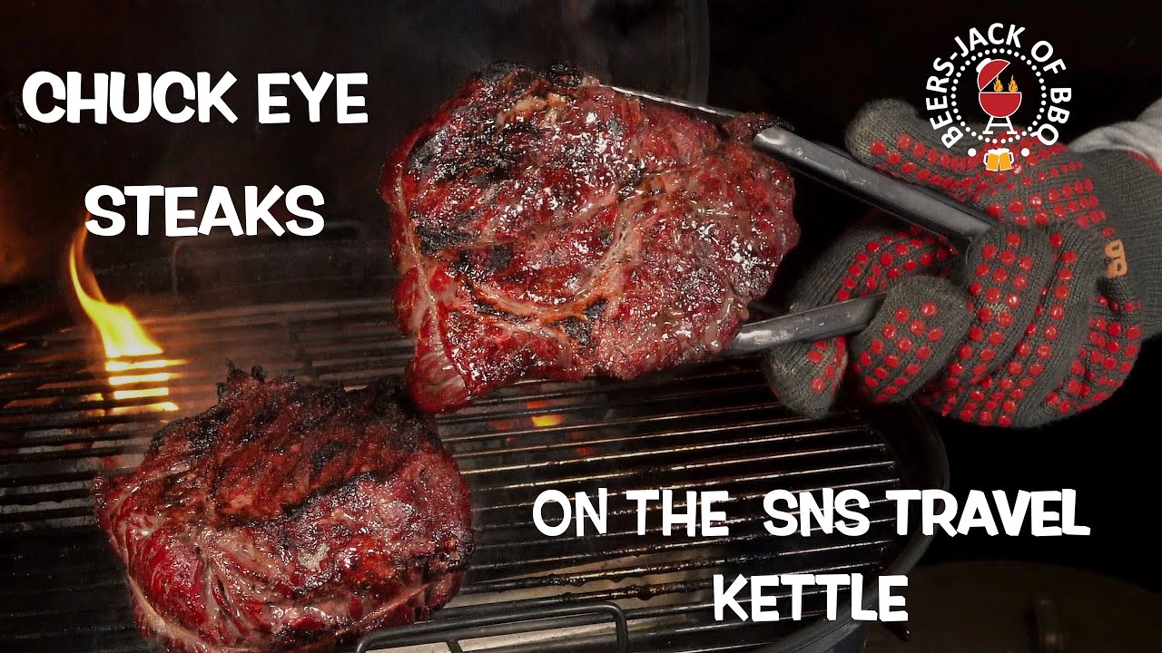 Slow ’N Sear Travel Kettle Grill! Chuck Eye Steaks! Seasoned with