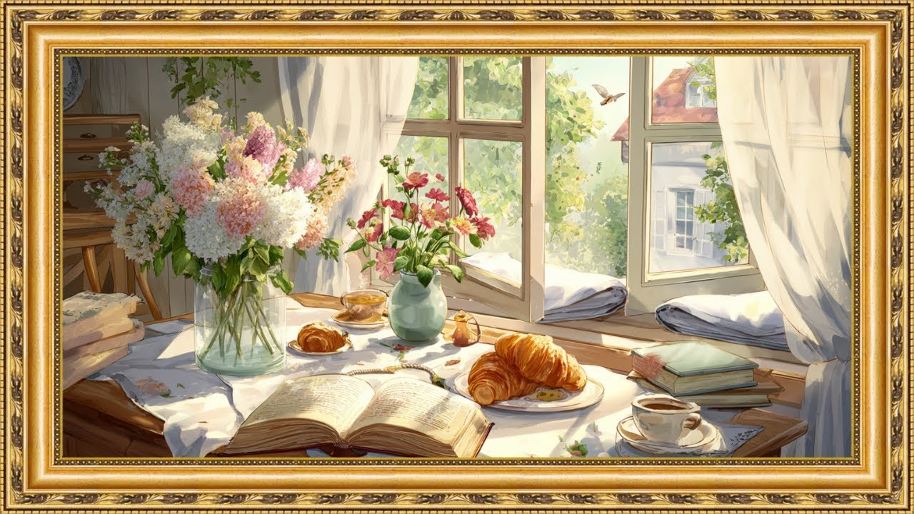 Cozy Cottage Morning Ambience ☕🌿 | Sunlit Window, Books & Framed TV Art