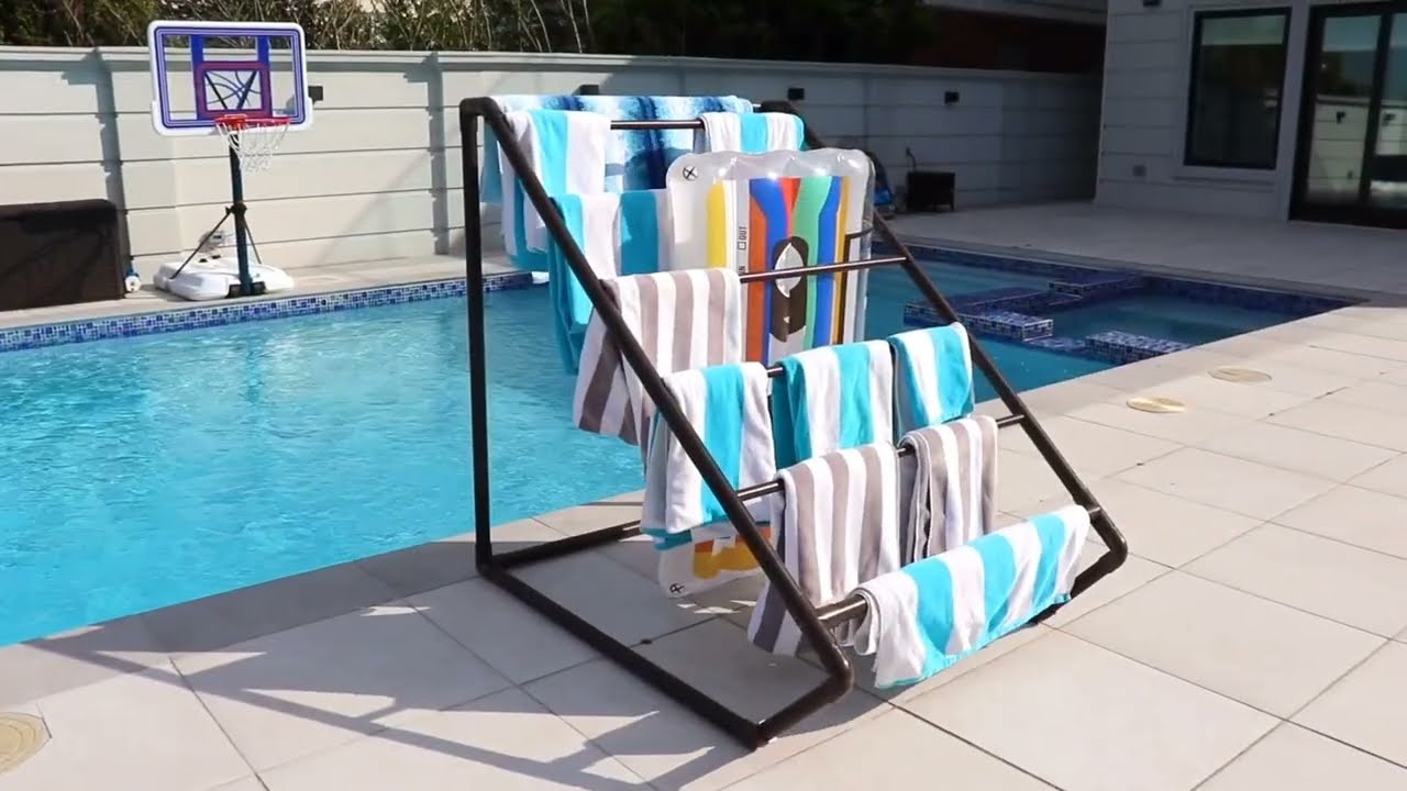 7 Bar Outdoor Pool Towel Rack Float Storage and Drying Rack, Standing Organizer (Style 664874