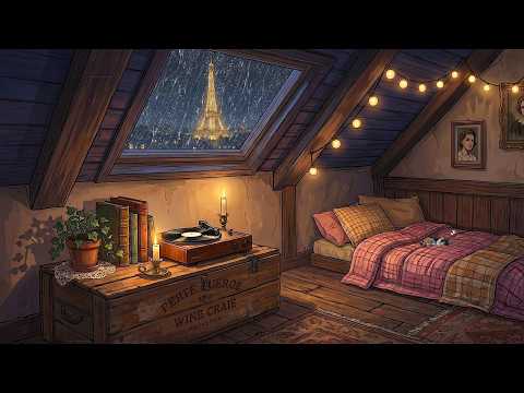 a rainy night in 1940's paris with classic oldies playing in another room