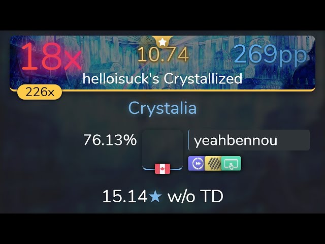 [10.74⭐] yeahbennou | DJ TOTTO - Crystalia [helloisuck's Crystallized] +TDHDDT 76.13% {18❌} - osu! class=