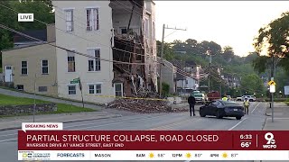 Partial building collapse blocking Riverside Drive in East End
