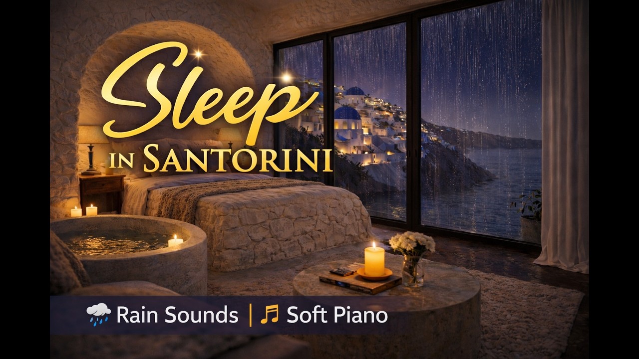 Sleep Music with Rain 🌙 | Cozy Bedroom in Santorini | Deep Sleep