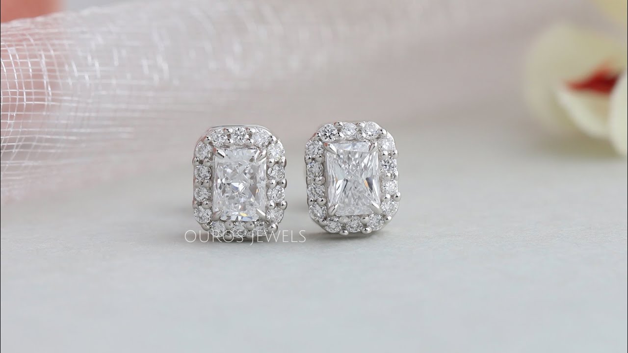 Radiant Diamond Halo Stud Earrings 